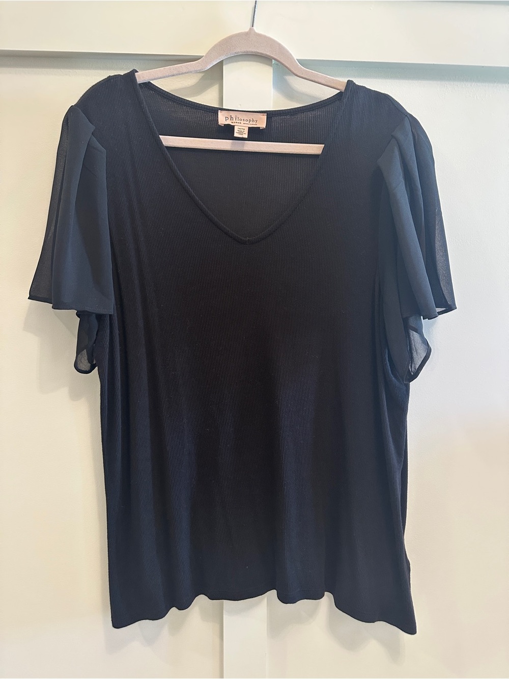 Philosophy Woman 1X Black V-Neck Sheer Flutter Sleeve Top